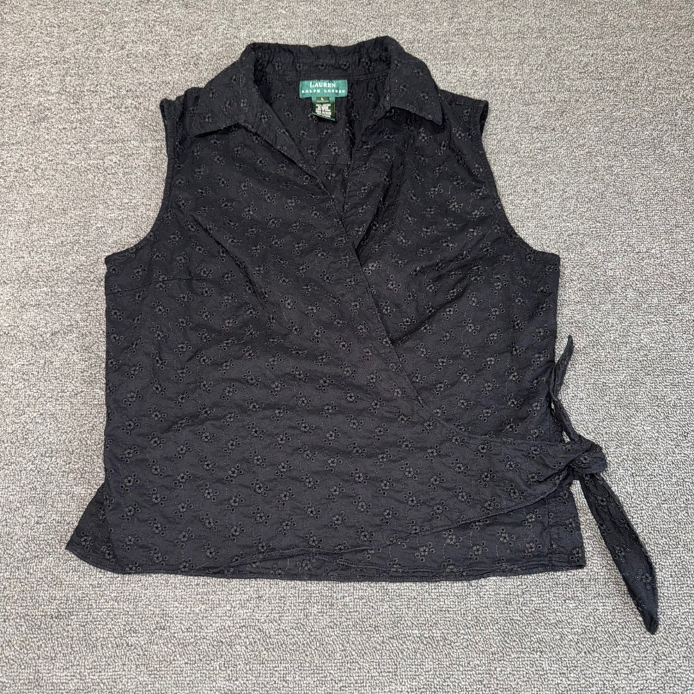 Lauren Ralph Lauren Black Eyelet Cotton Sleeveless Wrap Top Size Large Boho Twee